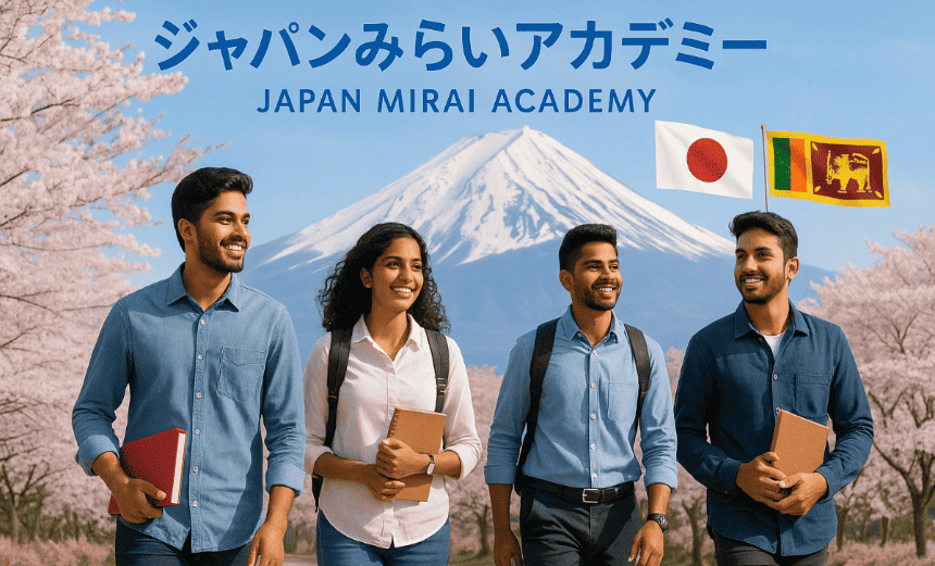 4人のスリランカ人男女と背景には富士山と桜。ジャパンみらいアカデミーのWebサイトへのバナー