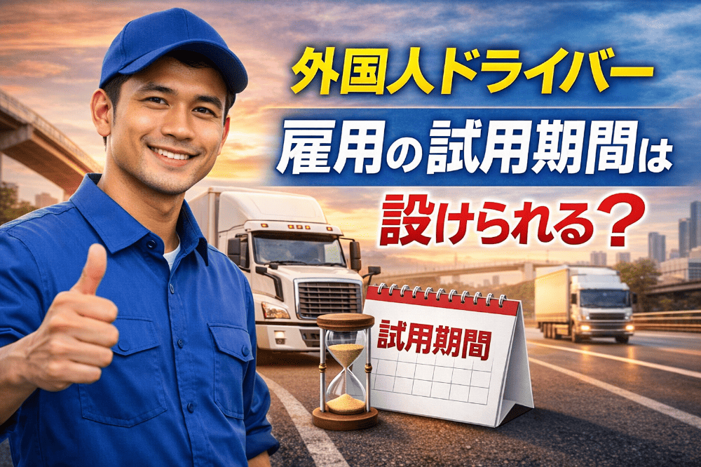 外国人ドライバーと大型トラックの背景に「雇用の試用期間は設けられる？」と書かれた、自動車運送業分野における外国人雇用の解説用アイキャッチ画像