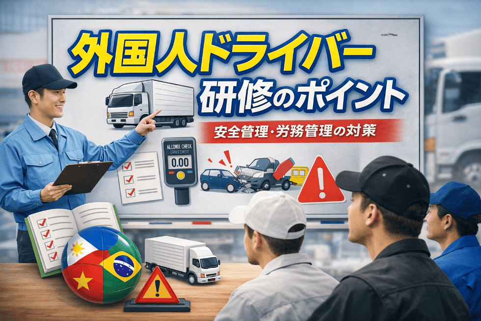 外国人ドライバーに対して日本の自動車運送業の安全管理や研修内容を説明している研修風景のイラスト