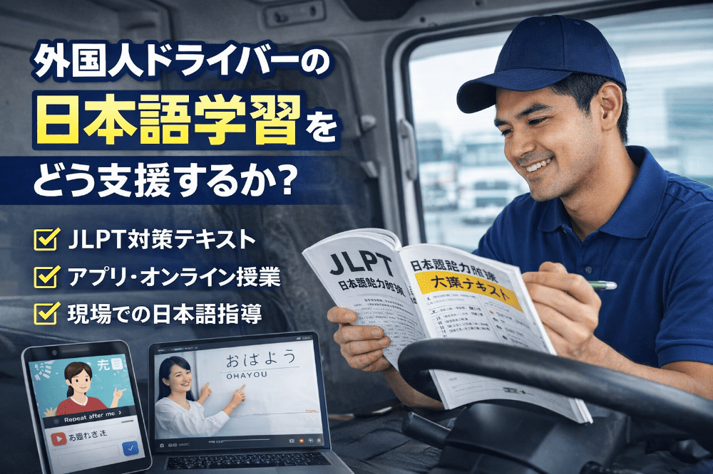 外国人ドライバーがトラック車内でJLPT対策テキストやアプリを使い日本語学習をしている様子