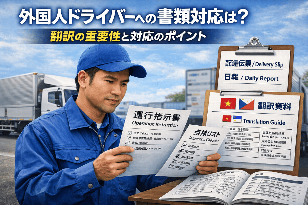 外国人ドライバーが運行指示書や点検リストなどのバイリンガル書類を確認している様子