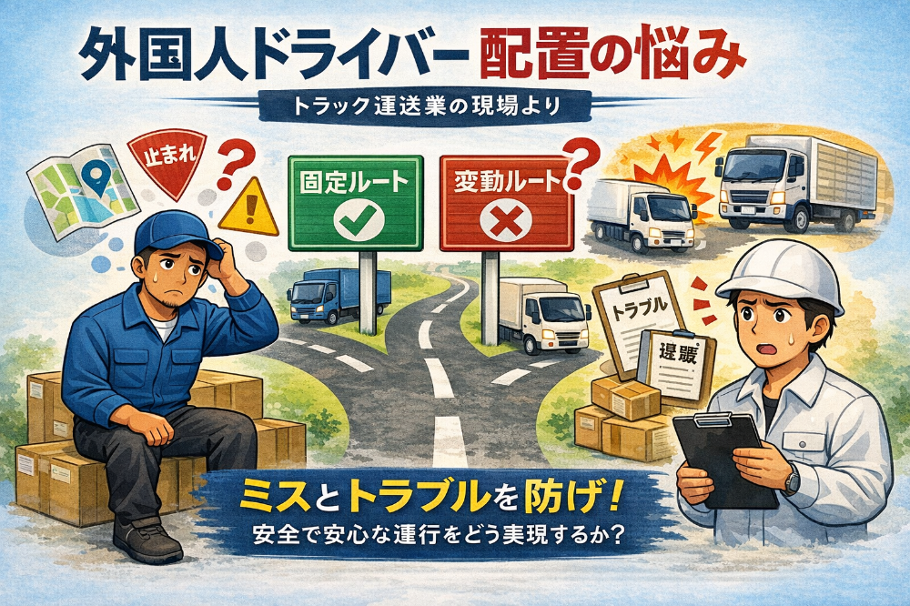 外国人ドライバーの配置に悩むトラック運送事業者と、固定ルート・変動ルートを示すイラスト