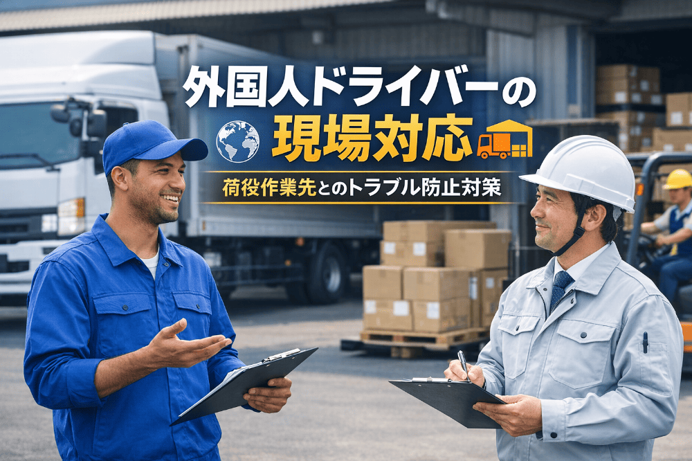 外国人ドライバーと日本人担当者が倉庫前で打合せを行い、荷役作業先との現場対応を確認している様子