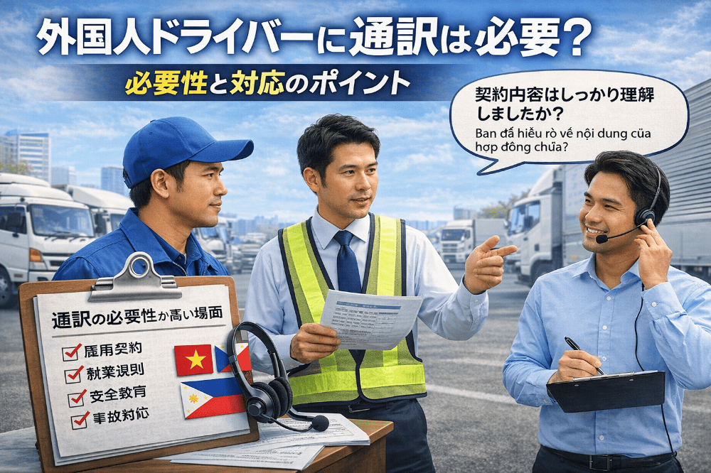 外国人ドライバーと日本人管理者の間で通訳人が入り、雇用契約や安全教育を説明している様子