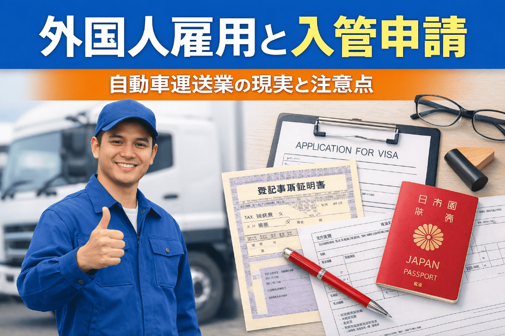 外国人ドライバーとトラック、入管申請書類やパスポートをイメージした自動車運送業分野の外国人雇用イメージ画像