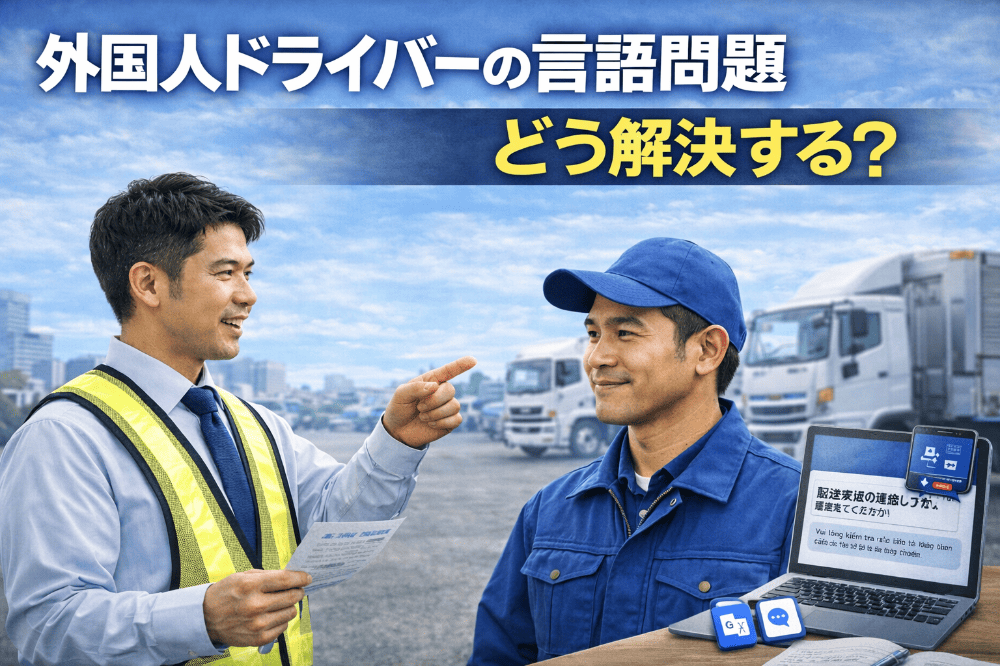 日本人管理者と外国人ドライバーがトラックヤードで会話し、言語対応について確認している様子