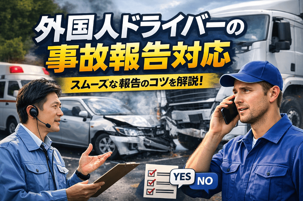 外国人ドライバーが事故発生時に運行管理者へ電話で報告している様子と、事故現場を背景にした事故報告対応のイメージ