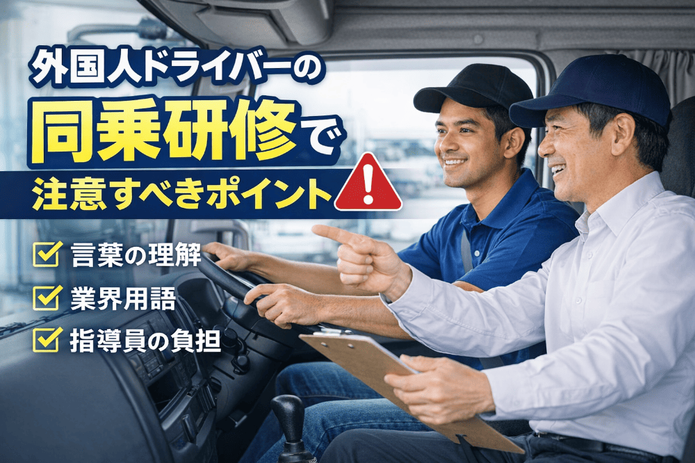 外国人ドライバーに対して日本人指導員が同乗研修で運転指導を行い、注意点を確認している様子