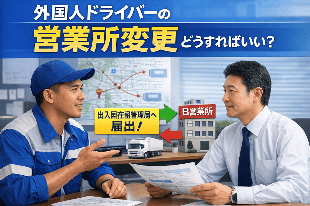 外国人ドライバーが自動車運送業の営業所変更について、管理者と書類を確認しながら相談している様子（出入国在留管理局への届出を解説）