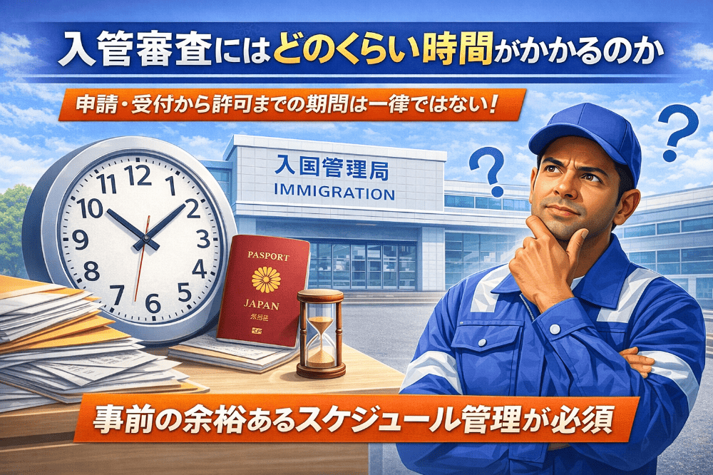 入管審査にどのくらい時間がかかるのかを示すイメージ。時計や書類の前で悩む外国人労働者と入国管理局の建物