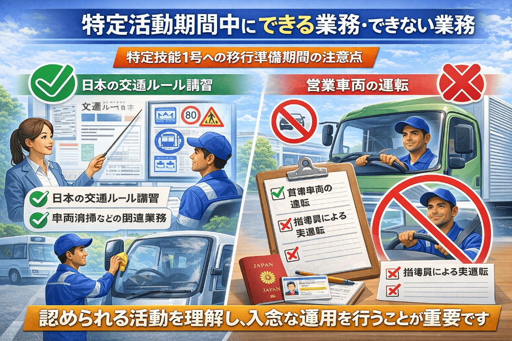 在留資格│特定活動期間中にできる業務・できない業務とは：特定技能トラック運送業：●●│運送業で外国人雇用（自動車運送業分野）