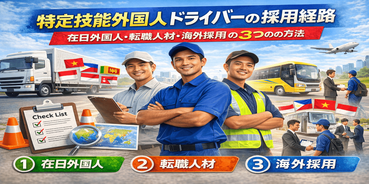 特定技能外国人ドライバーの採用経路を示すアイキャッチ画像。在日外国人、転職人材、海外採用の3つの採用ルートとトラック・バス・外国人ドライバーが描かれている。