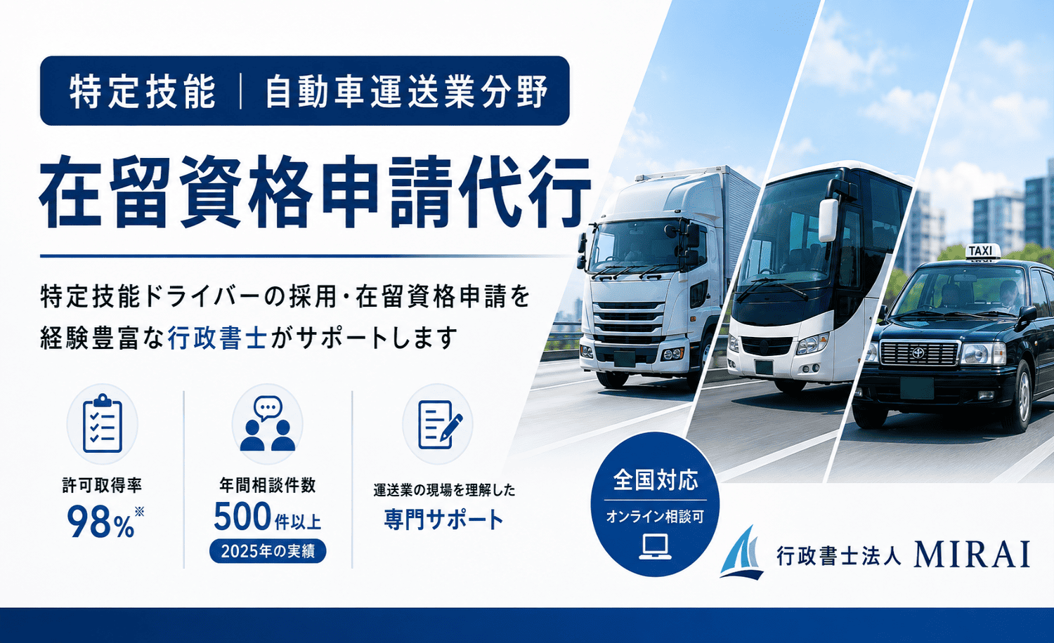 特定技能（自動車運送業分野）の在留資格申請代行を案内するバナー。トラック・バス・タクシーの画像とともに、行政書士法人MIRAIの許可取得率98％、年間相談件数500件以上（2025年実績）を掲載。
