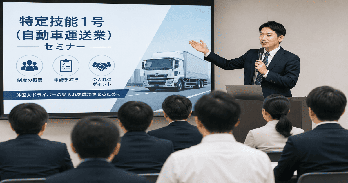 特定技能1号（自動車運送業）について、講師がトラックを映したスクリーンを使って解説するセミナーの様子。